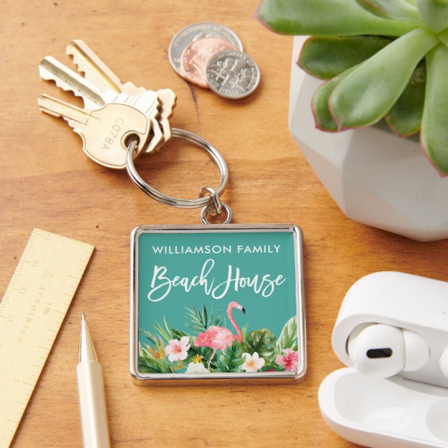 Brush Script Tropical Floral Family Beach House Key Ring (Desk)