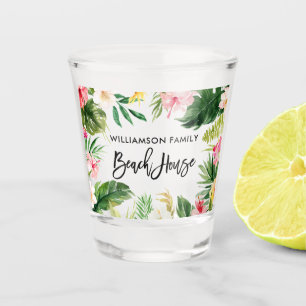 Brush Script Tropical Floral Greenery Beach House Shot Glass