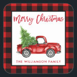 Brush Script Truck Christmas Red Plaid L Square Sticker<br><div class="desc">Brush Script Watercolor Red Vintage Truck with Christmas Tree - Merry Christmas Family Name Envelope Seal - Red Plaid</div>