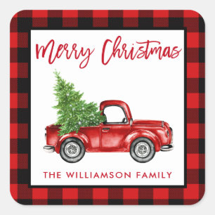 Brush Script Truck Christmas Red Plaid Square Sticker