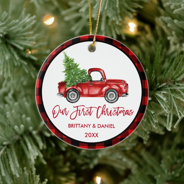 Brush Script Truck First Christmas Red Plaid Ceramic Tree Decoration (Tree)