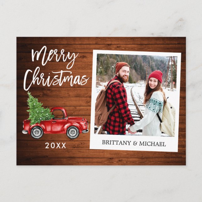 Brush Script Truck Instant Photo Wood Christmas Postcard (Front)