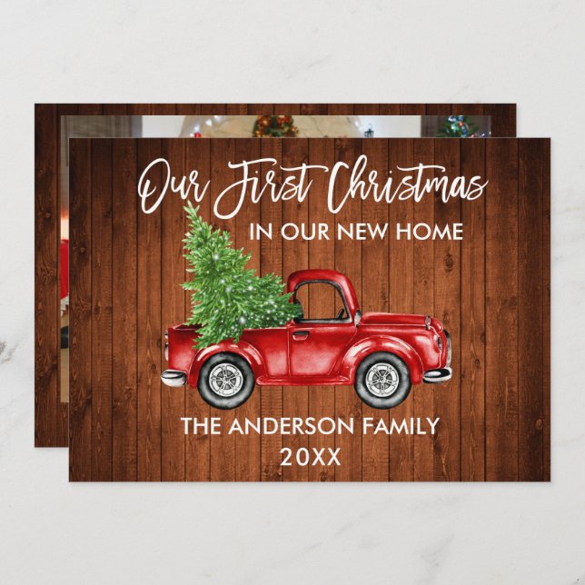 Brush Script Truck Wood First Christmas Home Photo Holiday Card (Front/Back)