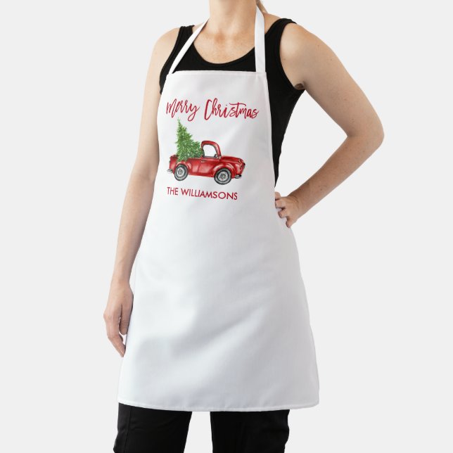 Brush Script Vintage Red Truck Christmas Tree Apron (Insitu)