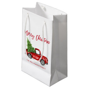 Brush Script Vintage Red Truck Christmas Tree Small Gift Bag