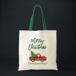 Brush Script Vintage Red Truck Green Christmas Tote Bag<br><div class="desc">Modern Brush Script Merry Christmas Watercolor Vintage Red Truck with Christmas Tree Tote Bag</div>