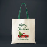 Brush Script Vintage Red Truck Green Christmas Tote Bag<br><div class="desc">Modern Brush Script Merry Christmas Watercolor Vintage Red Truck with Christmas Tree Tote Bag</div>
