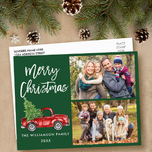 Brush Script Vintage Truck 2 Photo Christmas Green Postcard
