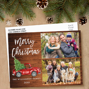 Brush Script Vintage Truck 2 Photo Christmas Wood Postcard