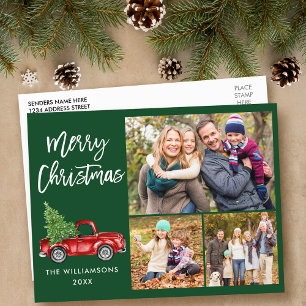 Brush Script Vintage Truck 3 Photo Christmas Green Postcard