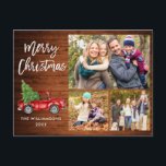 Brush Script Vintage Truck 3 Photo Christmas Wood Postcard<br><div class="desc">Modern Brush Script Watercolor Vintage Red Truck with Christmas Tree - Merry Christmas Family 3 Photo Postcard - Rustic Country Wood</div>