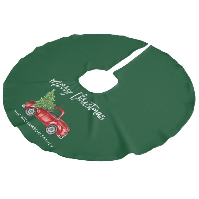 Brush Script Vintage Truck Christmas Green Faux Linen Tree Skirt (Angled)