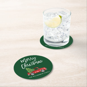 Brush Script Vintage Truck Christmas Tree Green Round Paper Coaster