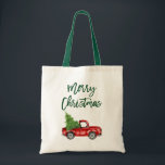 Brush Script Vintage Truck Christmas Tree Green Tote Bag<br><div class="desc">Modern Brush Script Merry Christmas Watercolor Vintage Red Truck with Christmas Tree Tote Bag</div>