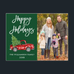 Brush Script Vintage Truck Photo Holidays Green Postcard<br><div class="desc">Modern Brush Script Watercolor Vintage Red Truck with Christmas Tree - Happy Holidays Family Photo Green Postcard</div>