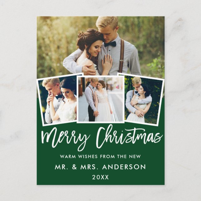 Brush Script Wedding Christmas 4 Photo Green Postcard (Front)