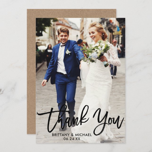 Brush Script Wedding Photo Kraft Thank You Card B (Front/Back)