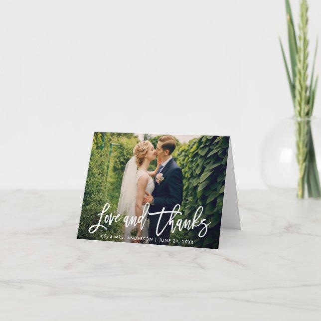 Brush Script Wedding Photo Love Thanks Modern Note Card (Front)