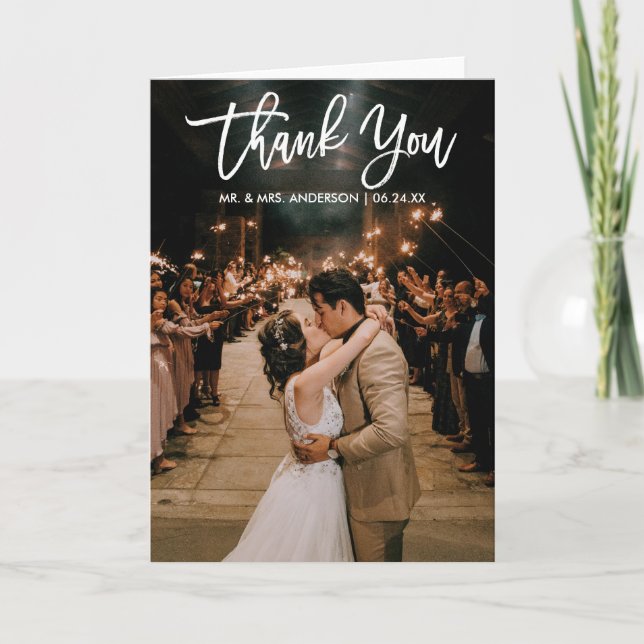 Brush Script Wedding Photo Thank You Modern Fold Card (Front)