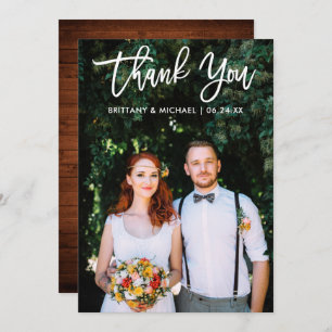 Brush Script Wedding Photo Wood Thank You Card Wt