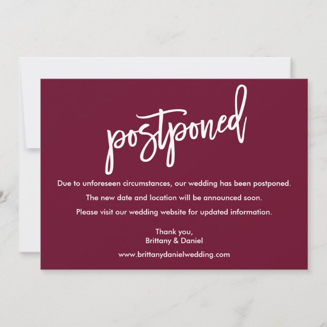 Brush Script Wedding Postponed Burgundy Card (Front)