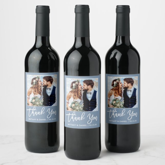 Brush Script Wedding Thank You Dusty Blue Photo Wine Label (Bottles)