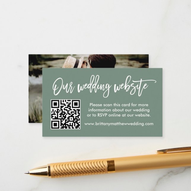 Brush Script Wedding Website QR Photo Sage Green Enclosure Card (Front/Back In Situ)