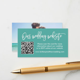 Brush Script Wedding Website QR Photo Teal Enclosure Card