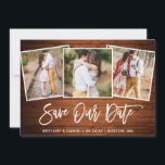 Brush Script Wood 3 Photo Save Our Date Card<br><div class="desc">Modern Brush Script Rustic Wood Couple 3 Photo Save Our Date Engagement Announcement Card</div>