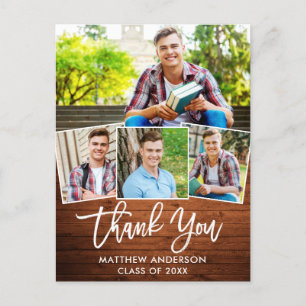 Brush Script Wood 4 Photo Graduation Thank You Postcard