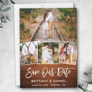 Brush Script Wood 4 Photo Save Our Date Card