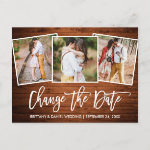 Brush Script Wood Change The Date New Date 3 Photo Postcard