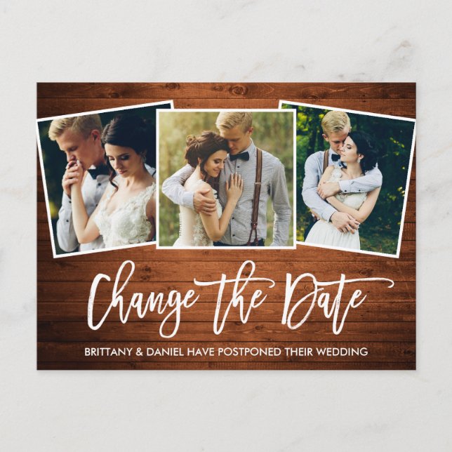 Brush Script Wood Change The Date Photo Postcard (Front)