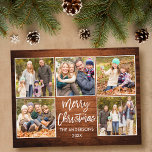 Brush Script Wood Christmas Family 5 Photo Postcard<br><div class="desc">Modern Brush Script Merry Christmas Family 4 Photo Postcard - Rustic Country Wood Print</div>