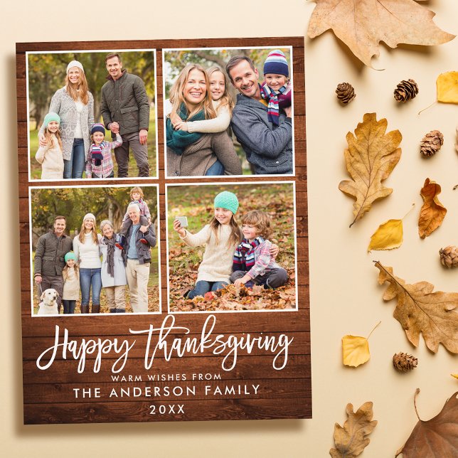 Brush Script Wood Family 4 Photo Thanksgiving Postcard (Customize to change your personalized text size or text style.)