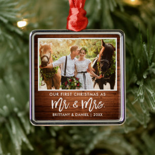 Brush Script Wood First Christmas Mr. and Mrs. Metal Tree Decoration