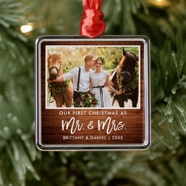 Brush Script Wood First Christmas Mr. and Mrs. Metal Tree Decoration (Tree)