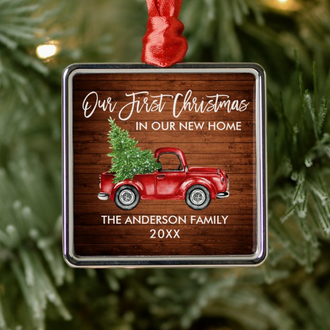 Brush Script Wood First Christmas New Home Truck Metal Tree Decoration (Tree)