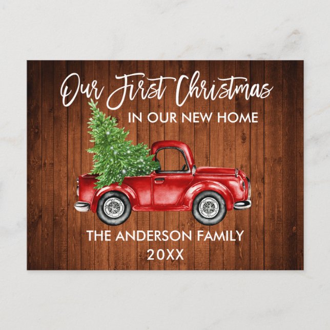 Brush Script Wood First Christmas New Home Truck Postcard (Front)