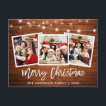 Brush Script Wood Lights 3 Photo Christmas Star Postcard<br><div class="desc">Rustic Wood Brush Script 3 Photo Family Merry Christmas Card with String Lights</div>