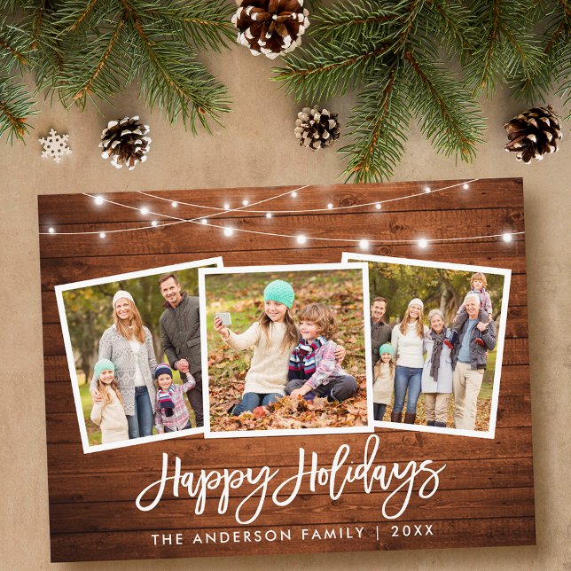 Brush Script Wood Lights 3 Photo Family Holiday Postcard (Customize to change your personalized text size or text style.)