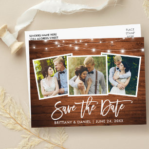 Brush Script Wood Lights 3 Photo Save The Date Postcard