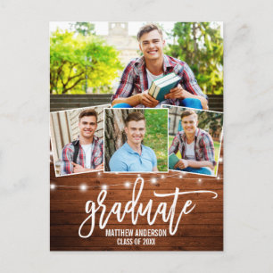 Brush Script Wood Lights Graduation Invitation Postcard