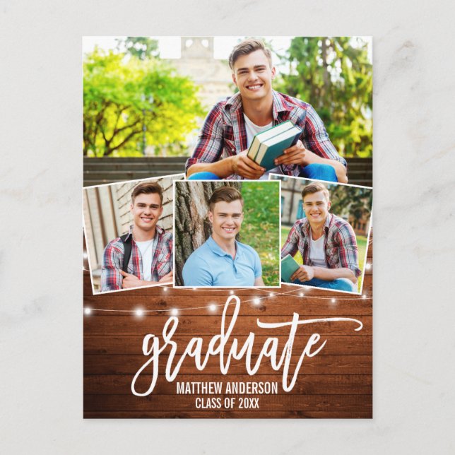 Brush Script Wood Lights Graduation Invitation Postcard (Front)