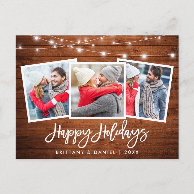 Brush Script Wood Lights Holiday 3 Photo Postcard (Front)