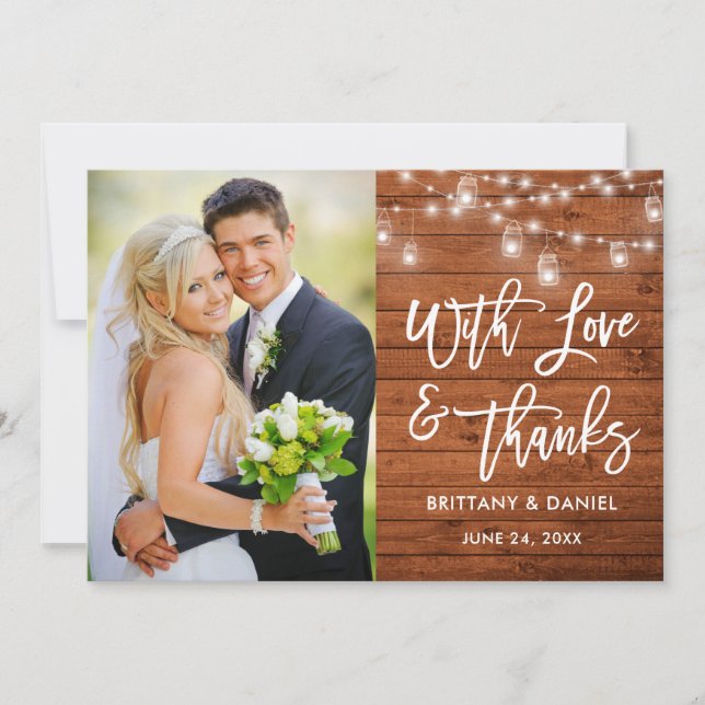 Brush Script Wood Lights Love and Thanks Wedding Thank You Card (Front)