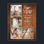 Brush Script Wood Save The Date Couple 4 Photo Postcard<br><div class="desc">Modern Brush Script 4 Photo Couple Engagement Announcement Save The Date Postcard - Rustic Country Wood</div>
