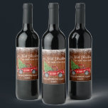 Brush Script Wood Snow 1st Christmas Home Truck Wine Label<br><div class="desc">Modern Brush Script Our First Christmas in our New Home Holiday Wine Bottle Label includes Watercolor Vintage Red Truck with Christmas Tree - Rustic Country Wood and Snow Top</div>