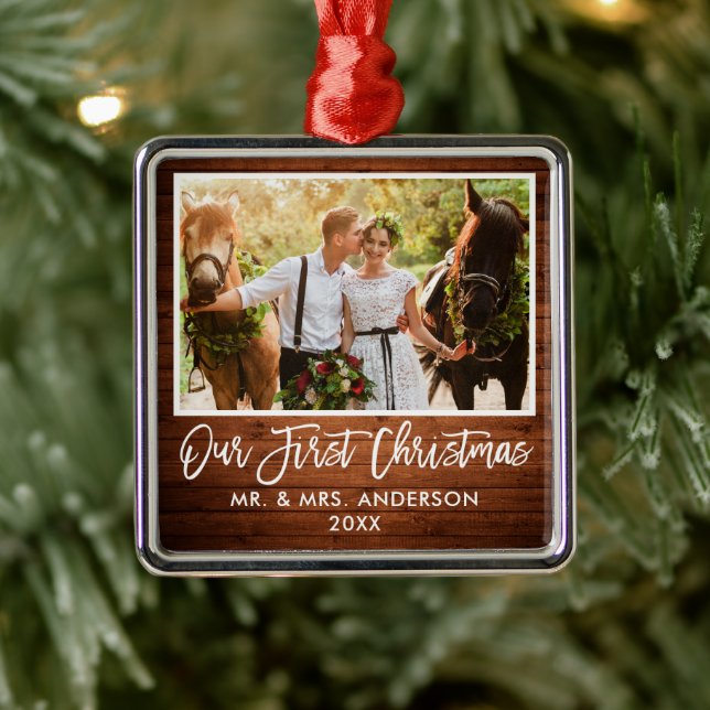 Brush Script Wood Wedding Our First Christmas Metal Tree Decoration (Tree)