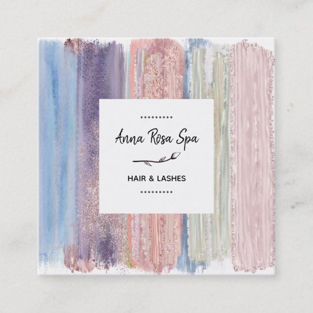 *~* Brush Splash Stripe Gold Glitter Rose Bud Square Business Card (Front)